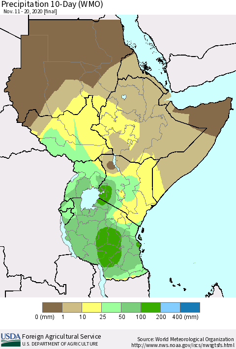 Eastern Africa Precipitation 10-Day (WMO) Thematic Map For 11/11/2020 - 11/20/2020