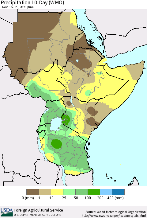 Eastern Africa Precipitation 10-Day (WMO) Thematic Map For 11/16/2020 - 11/25/2020