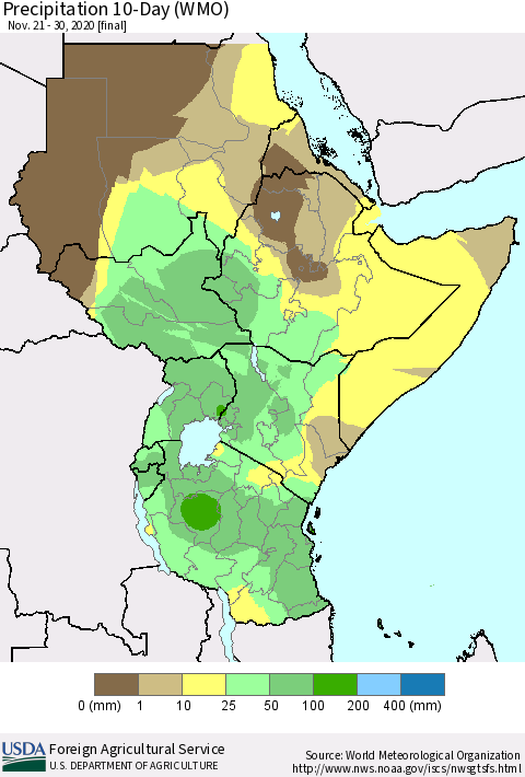 Eastern Africa Precipitation 10-Day (WMO) Thematic Map For 11/21/2020 - 11/30/2020