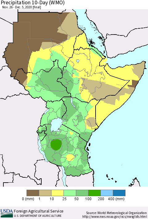 Eastern Africa Precipitation 10-Day (WMO) Thematic Map For 11/26/2020 - 12/5/2020