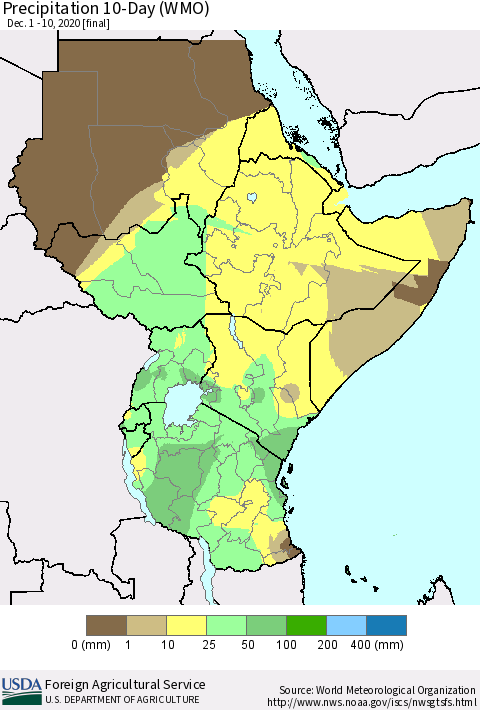 Eastern Africa Precipitation 10-Day (WMO) Thematic Map For 12/1/2020 - 12/10/2020