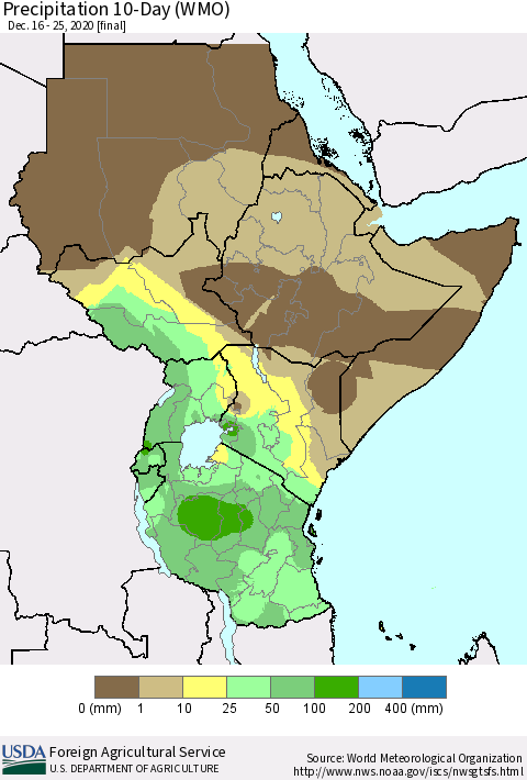 Eastern Africa Precipitation 10-Day (WMO) Thematic Map For 12/16/2020 - 12/25/2020