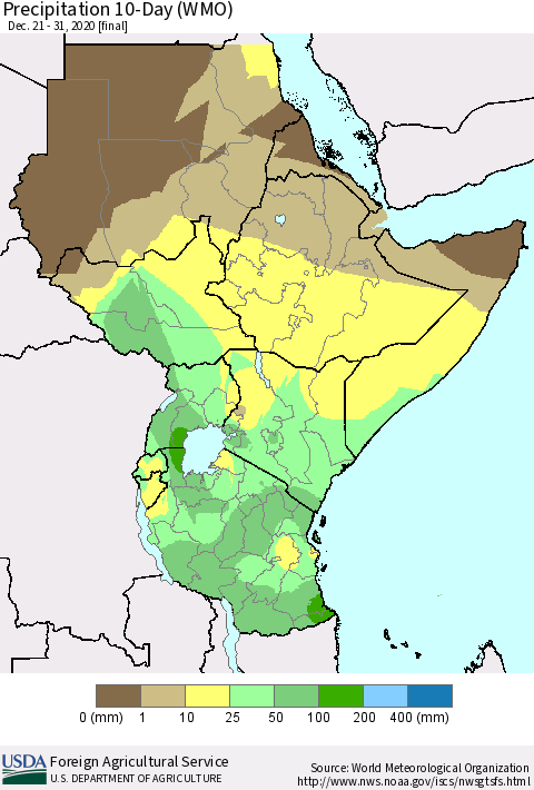 Eastern Africa Precipitation 10-Day (WMO) Thematic Map For 12/21/2020 - 12/31/2020
