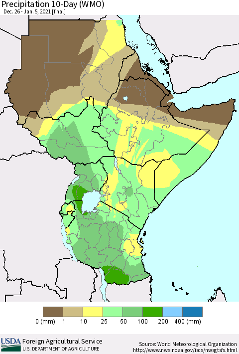 Eastern Africa Precipitation 10-Day (WMO) Thematic Map For 12/26/2020 - 1/5/2021