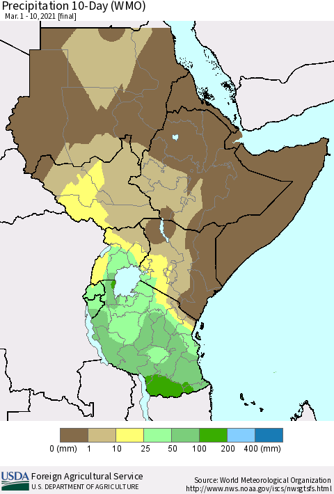 Eastern Africa Precipitation 10-Day (WMO) Thematic Map For 3/1/2021 - 3/10/2021