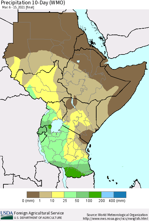 Eastern Africa Precipitation 10-Day (WMO) Thematic Map For 3/6/2021 - 3/15/2021