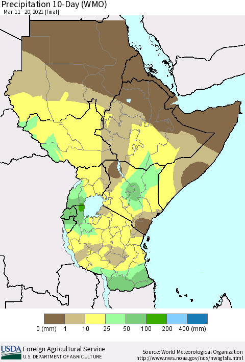 Eastern Africa Precipitation 10-Day (WMO) Thematic Map For 3/11/2021 - 3/20/2021