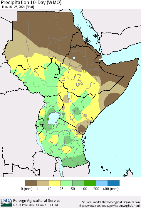 Eastern Africa Precipitation 10-Day (WMO) Thematic Map For 3/16/2021 - 3/25/2021