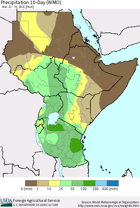 Eastern Africa Precipitation 10-Day (WMO) Thematic Map For 3/21/2021 - 3/31/2021