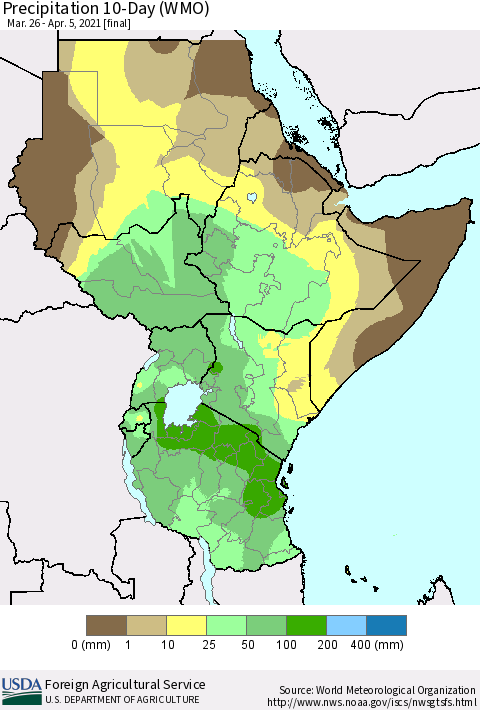 Eastern Africa Precipitation 10-Day (WMO) Thematic Map For 3/26/2021 - 4/5/2021