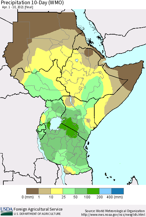 Eastern Africa Precipitation 10-Day (WMO) Thematic Map For 4/1/2021 - 4/10/2021
