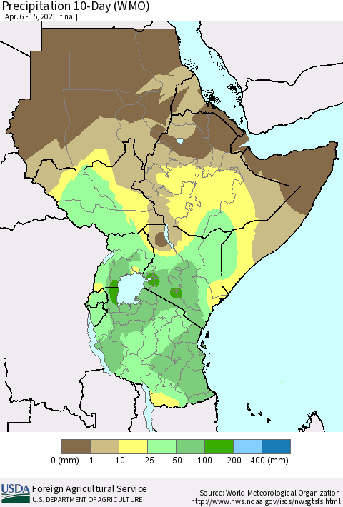 Eastern Africa Precipitation 10-Day (WMO) Thematic Map For 4/6/2021 - 4/15/2021