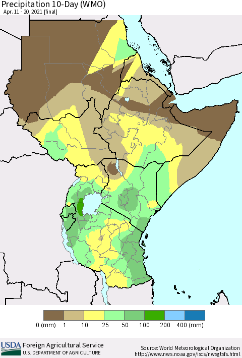 Eastern Africa Precipitation 10-Day (WMO) Thematic Map For 4/11/2021 - 4/20/2021