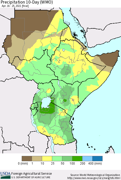 Eastern Africa Precipitation 10-Day (WMO) Thematic Map For 4/16/2021 - 4/25/2021