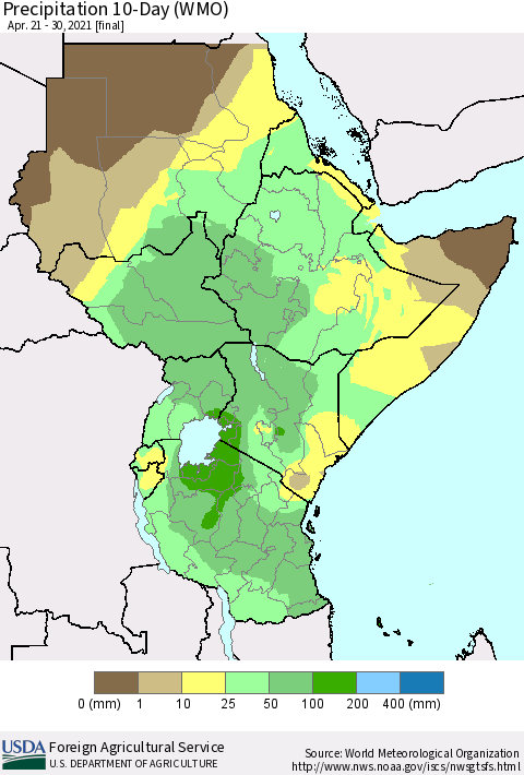 Eastern Africa Precipitation 10-Day (WMO) Thematic Map For 4/21/2021 - 4/30/2021