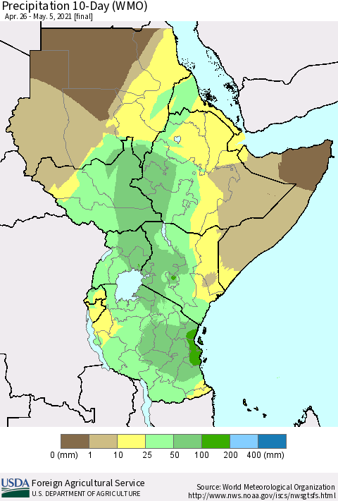 Eastern Africa Precipitation 10-Day (WMO) Thematic Map For 4/26/2021 - 5/5/2021
