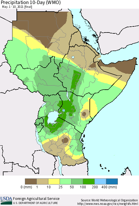 Eastern Africa Precipitation 10-Day (WMO) Thematic Map For 5/1/2021 - 5/10/2021