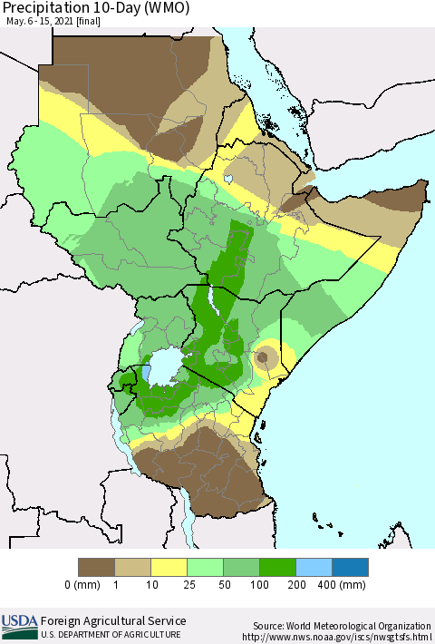 Eastern Africa Precipitation 10-Day (WMO) Thematic Map For 5/6/2021 - 5/15/2021