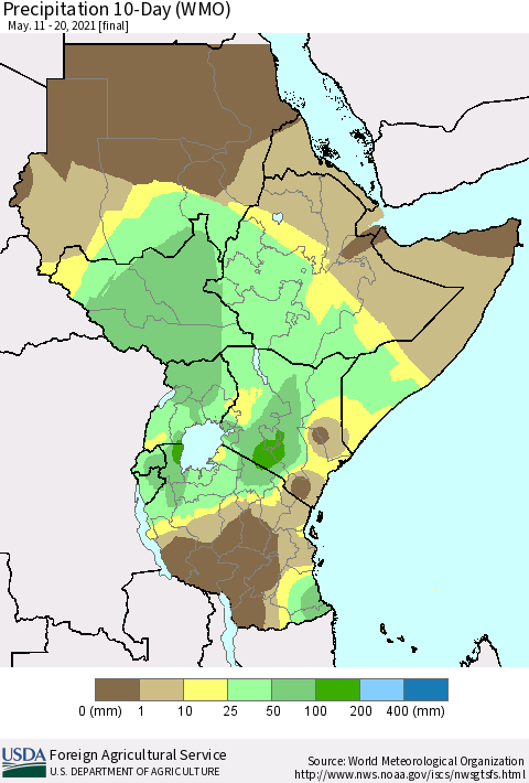 Eastern Africa Precipitation 10-Day (WMO) Thematic Map For 5/11/2021 - 5/20/2021