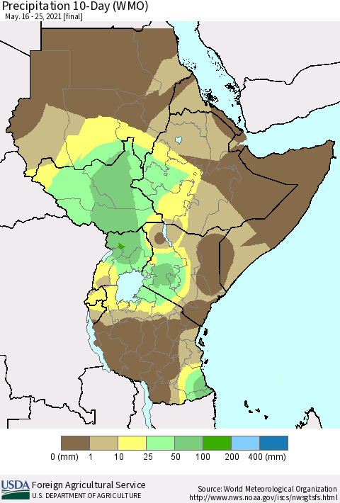Eastern Africa Precipitation 10-Day (WMO) Thematic Map For 5/16/2021 - 5/25/2021