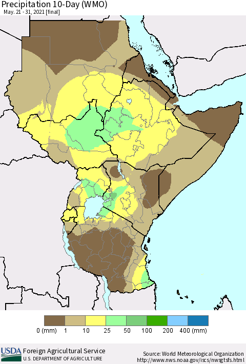 Eastern Africa Precipitation 10-Day (WMO) Thematic Map For 5/21/2021 - 5/31/2021