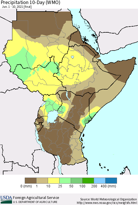 Eastern Africa Precipitation 10-Day (WMO) Thematic Map For 6/1/2021 - 6/10/2021