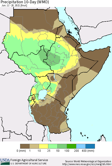 Eastern Africa Precipitation 10-Day (WMO) Thematic Map For 6/11/2021 - 6/20/2021