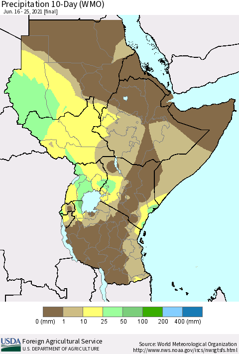 Eastern Africa Precipitation 10-Day (WMO) Thematic Map For 6/16/2021 - 6/25/2021