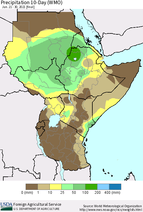 Eastern Africa Precipitation 10-Day (WMO) Thematic Map For 6/21/2021 - 6/30/2021