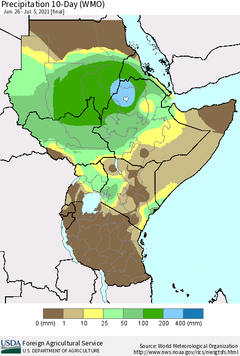 Eastern Africa Precipitation 10-Day (WMO) Thematic Map For 6/26/2021 - 7/5/2021