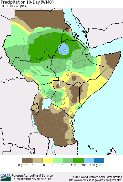 Eastern Africa Precipitation 10-Day (WMO) Thematic Map For 7/1/2021 - 7/10/2021