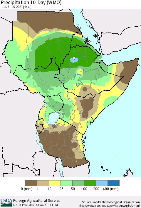 Eastern Africa Precipitation 10-Day (WMO) Thematic Map For 7/6/2021 - 7/15/2021