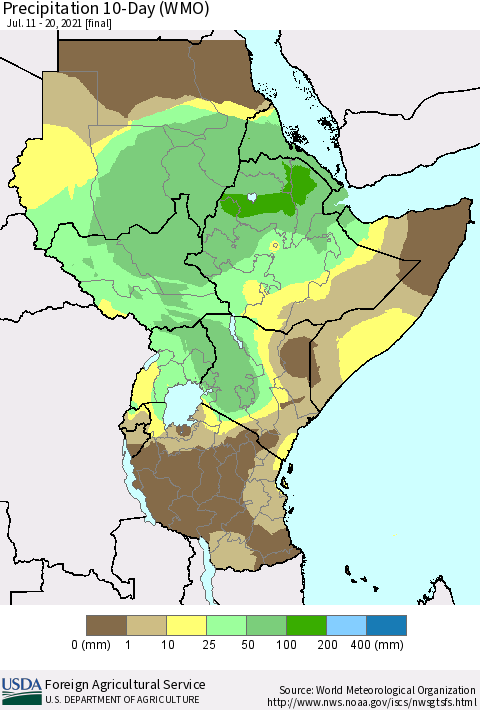Eastern Africa Precipitation 10-Day (WMO) Thematic Map For 7/11/2021 - 7/20/2021