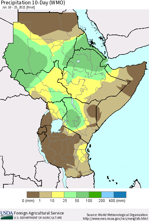 Eastern Africa Precipitation 10-Day (WMO) Thematic Map For 7/16/2021 - 7/25/2021
