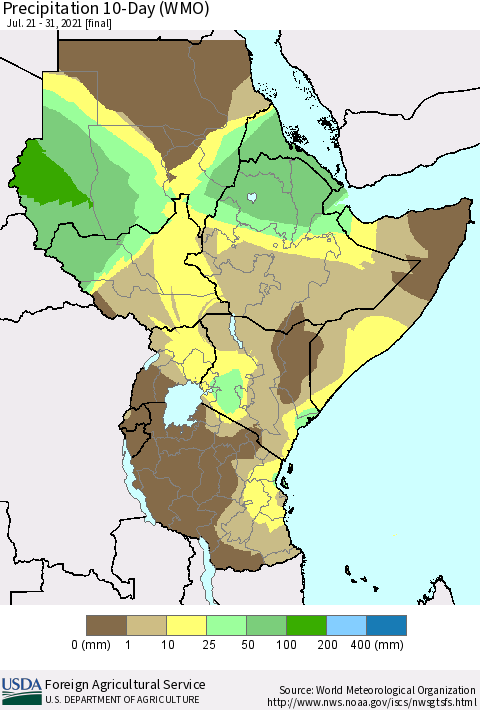 Eastern Africa Precipitation 10-Day (WMO) Thematic Map For 7/21/2021 - 7/31/2021