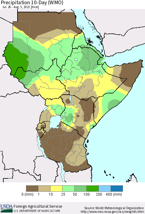 Eastern Africa Precipitation 10-Day (WMO) Thematic Map For 7/26/2021 - 8/5/2021