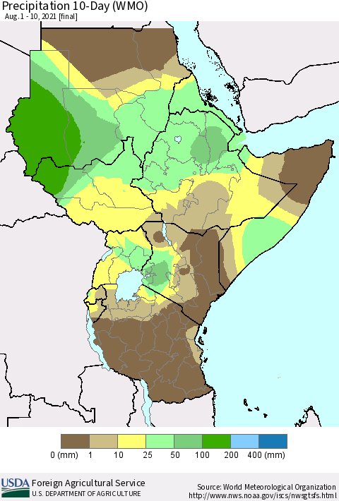 Eastern Africa Precipitation 10-Day (WMO) Thematic Map For 8/1/2021 - 8/10/2021