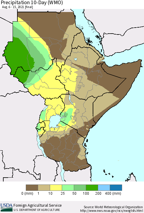 Eastern Africa Precipitation 10-Day (WMO) Thematic Map For 8/6/2021 - 8/15/2021