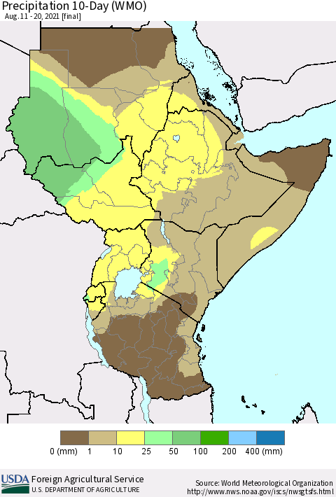 Eastern Africa Precipitation 10-Day (WMO) Thematic Map For 8/11/2021 - 8/20/2021
