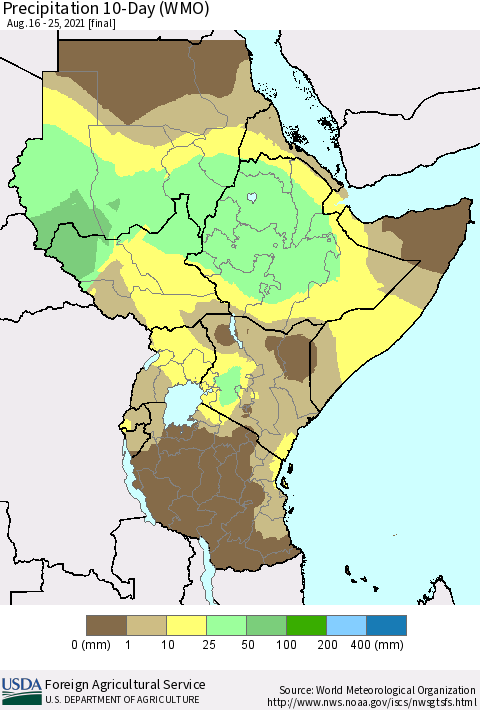 Eastern Africa Precipitation 10-Day (WMO) Thematic Map For 8/16/2021 - 8/25/2021
