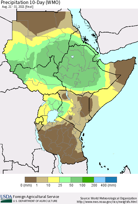 Eastern Africa Precipitation 10-Day (WMO) Thematic Map For 8/21/2021 - 8/31/2021