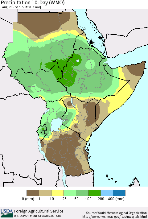Eastern Africa Precipitation 10-Day (WMO) Thematic Map For 8/26/2021 - 9/5/2021