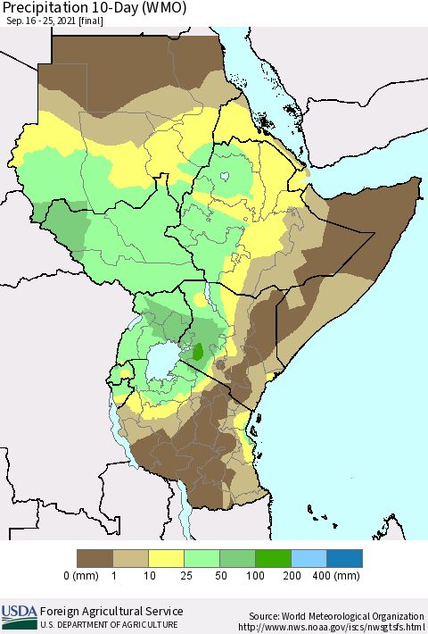 Eastern Africa Precipitation 10-Day (WMO) Thematic Map For 9/16/2021 - 9/25/2021