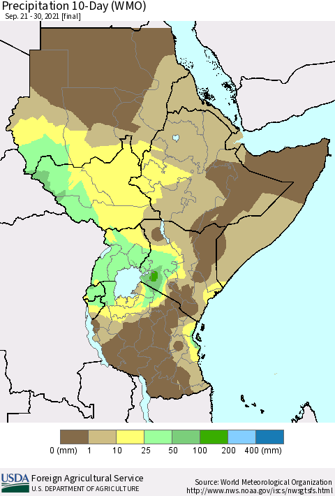 Eastern Africa Precipitation 10-Day (WMO) Thematic Map For 9/21/2021 - 9/30/2021