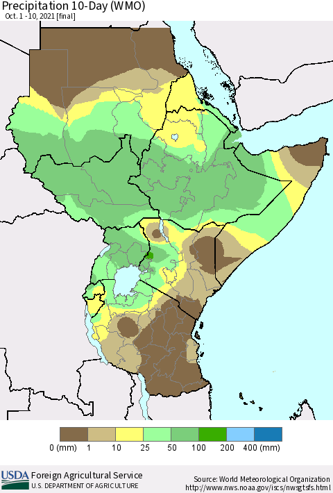 Eastern Africa Precipitation 10-Day (WMO) Thematic Map For 10/1/2021 - 10/10/2021