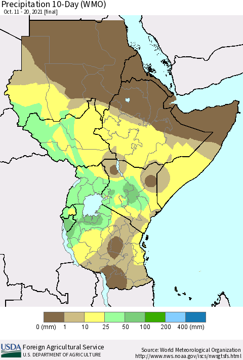 Eastern Africa Precipitation 10-Day (WMO) Thematic Map For 10/11/2021 - 10/20/2021