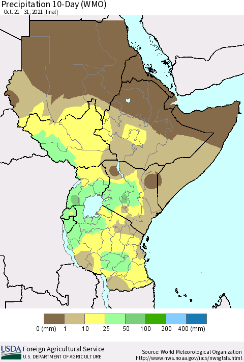 Eastern Africa Precipitation 10-Day (WMO) Thematic Map For 10/21/2021 - 10/31/2021