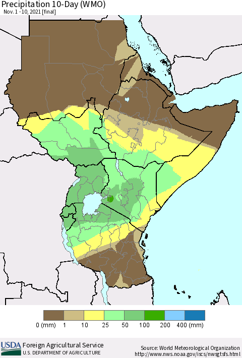 Eastern Africa Precipitation 10-Day (WMO) Thematic Map For 11/1/2021 - 11/10/2021