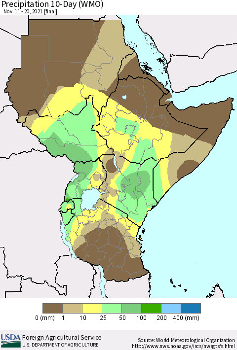 Eastern Africa Precipitation 10-Day (WMO) Thematic Map For 11/11/2021 - 11/20/2021