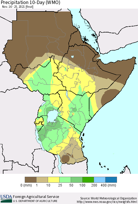 Eastern Africa Precipitation 10-Day (WMO) Thematic Map For 11/16/2021 - 11/25/2021